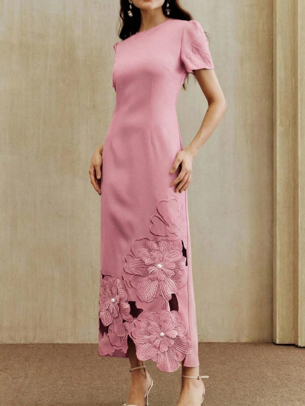 Pink Elegant Women's Straight Waist-Cinching Short Sleeve Dress - Picture 5 of 7